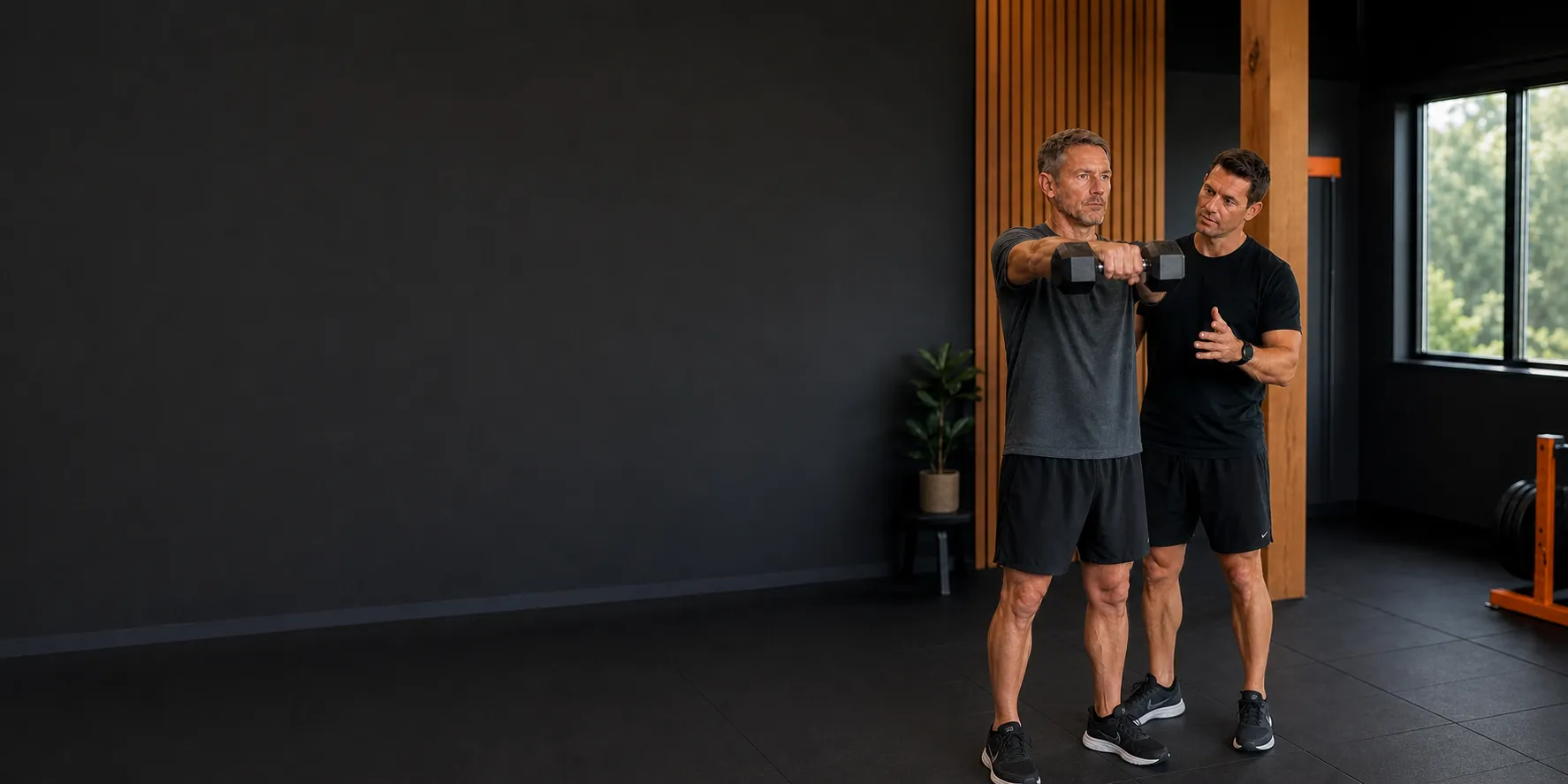 Man completing a guided strength exercise with a personal trainer